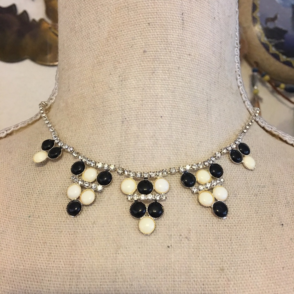Vintage black & cream enamel rhinestone necklace